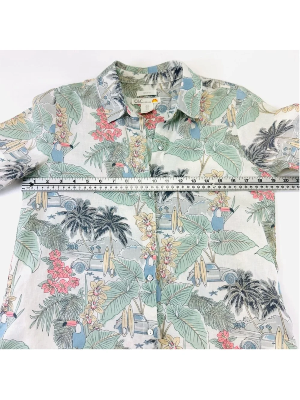 Tropical pastel linen shirt dress Small short sleeve button up collar